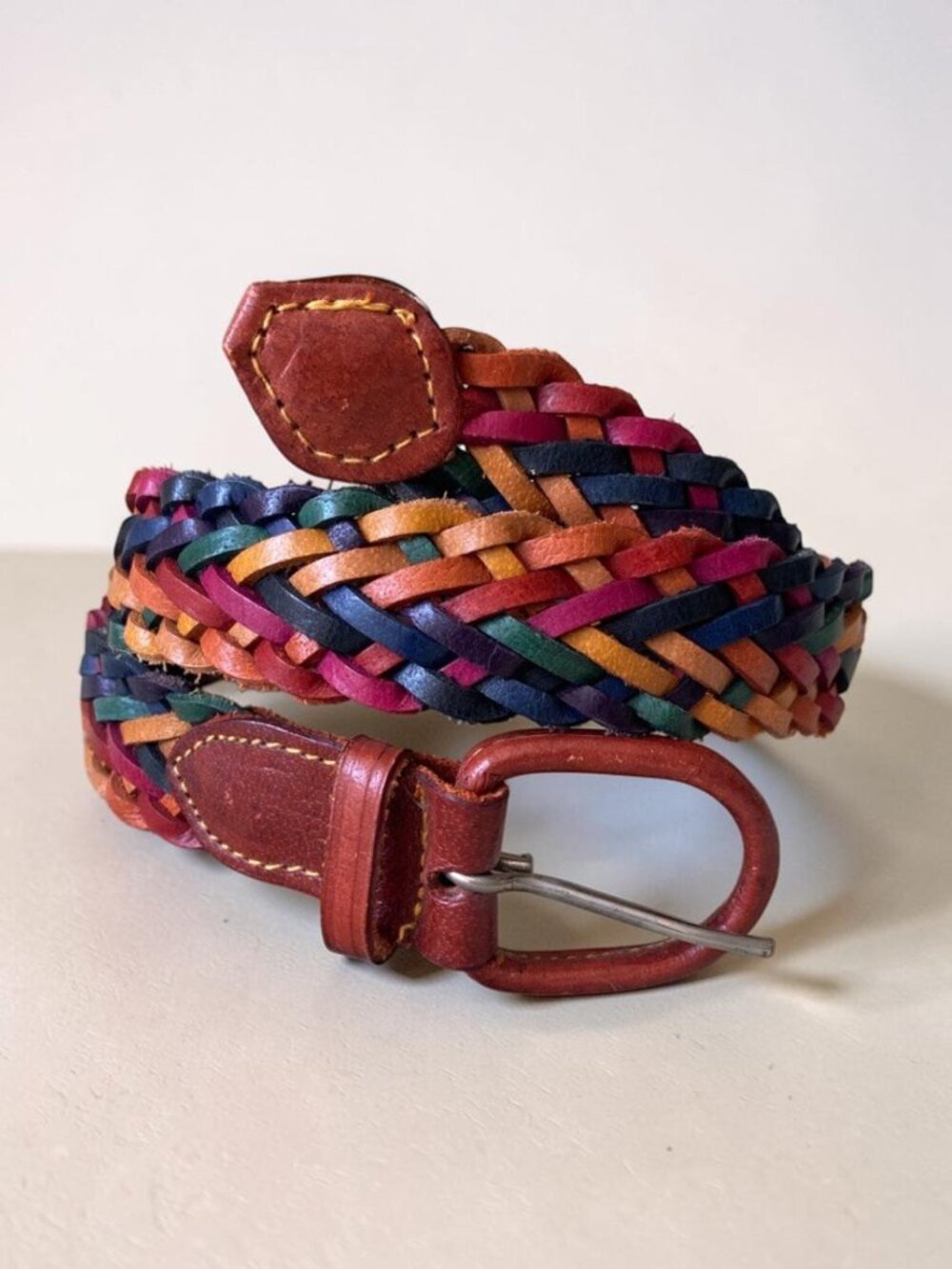 Vintage Multicolor Woven Leather Belt Rainbow Braided Maximalist Statement Belt